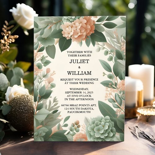 Blush pastel Peach Mint Moss Sage Green Wedding Invitation