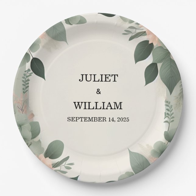 Blush pastel Peach Mint Moss Sage Green Wedding Paper Plates (Front)