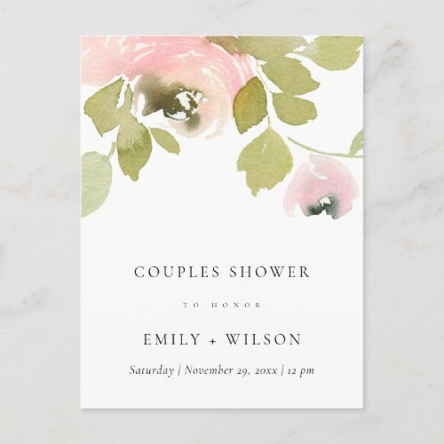 BLUSH PASTEL ROSE WATERCOLOR FLORAL COUPLES SHOWER INVITATION POSTCARD