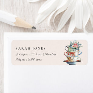 Blush Pastel Stacked Cups Floral Tea Party Address Label