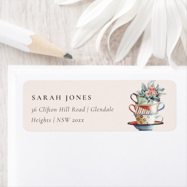 Blush Pastel Stacked Cups Floral Tea Party Address Label (Insitu)