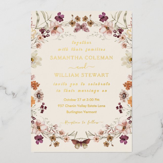 Blush Pastel Wildflower Modern Boho Wedding Foil Invitation (Front)