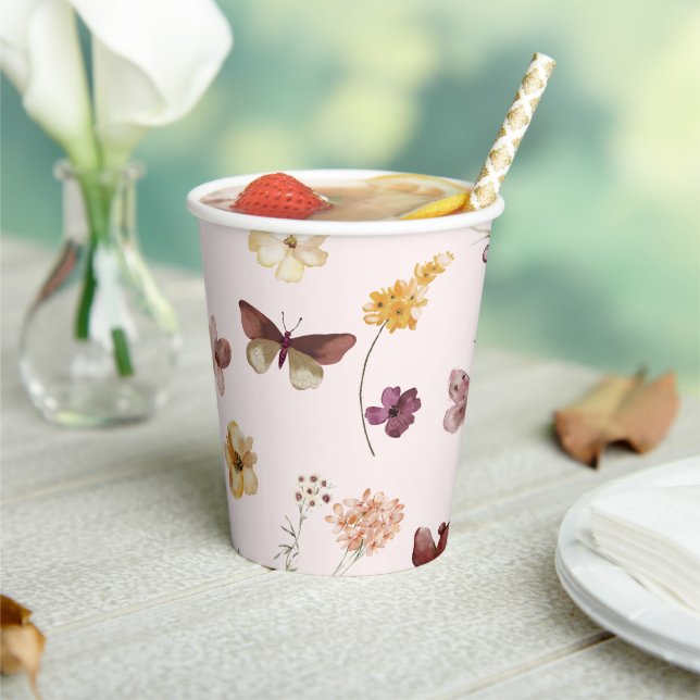 Blush Pastel Wildflower Modern Boho Wedding Paper Cups (Insitu)