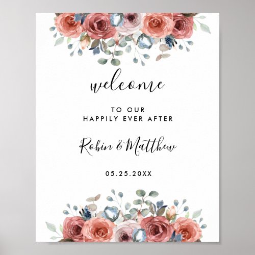 Blush Peach and Blue Floral Wedding Welcome Sign