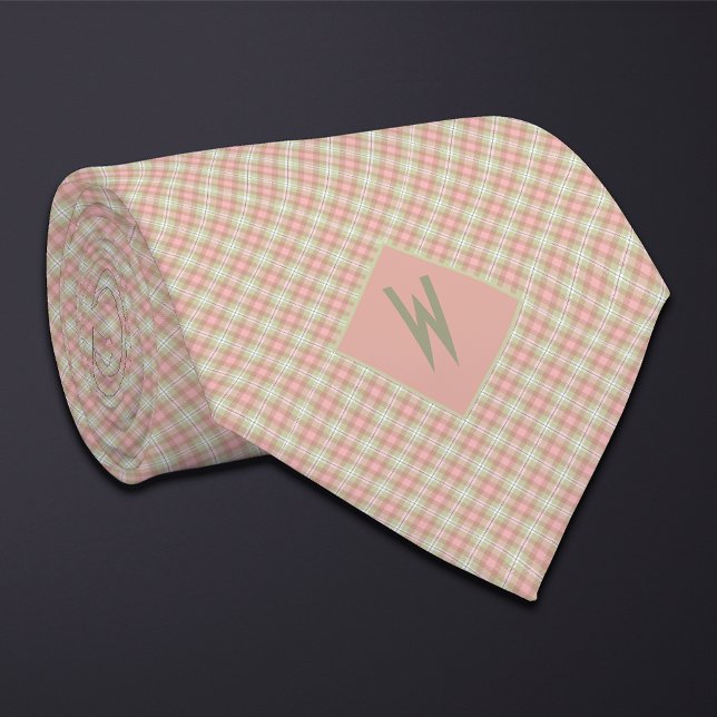 Blush Peach and Green Plaid Monogram Neck Tie (Creator Uploaded)
