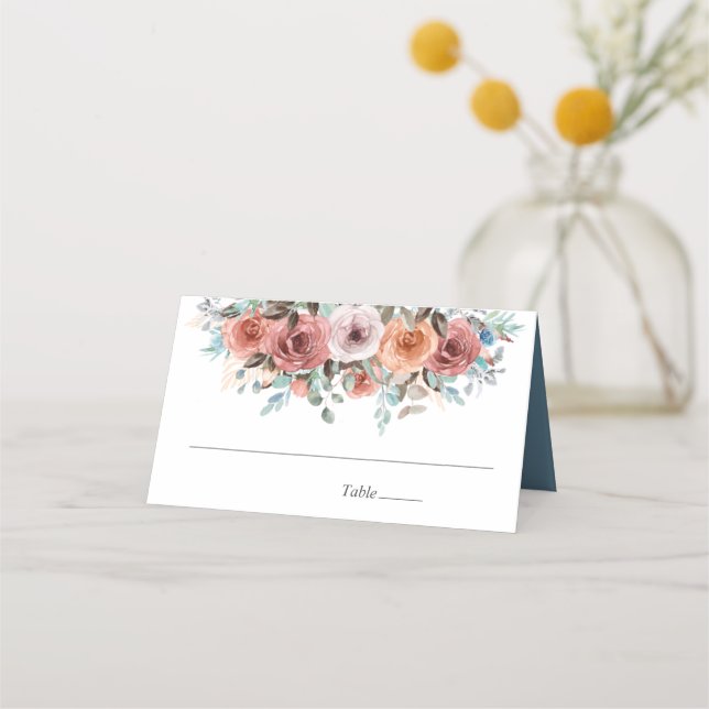Blush Peach and Slate Blue Ethereal Floral Wedding Place Card (Front)