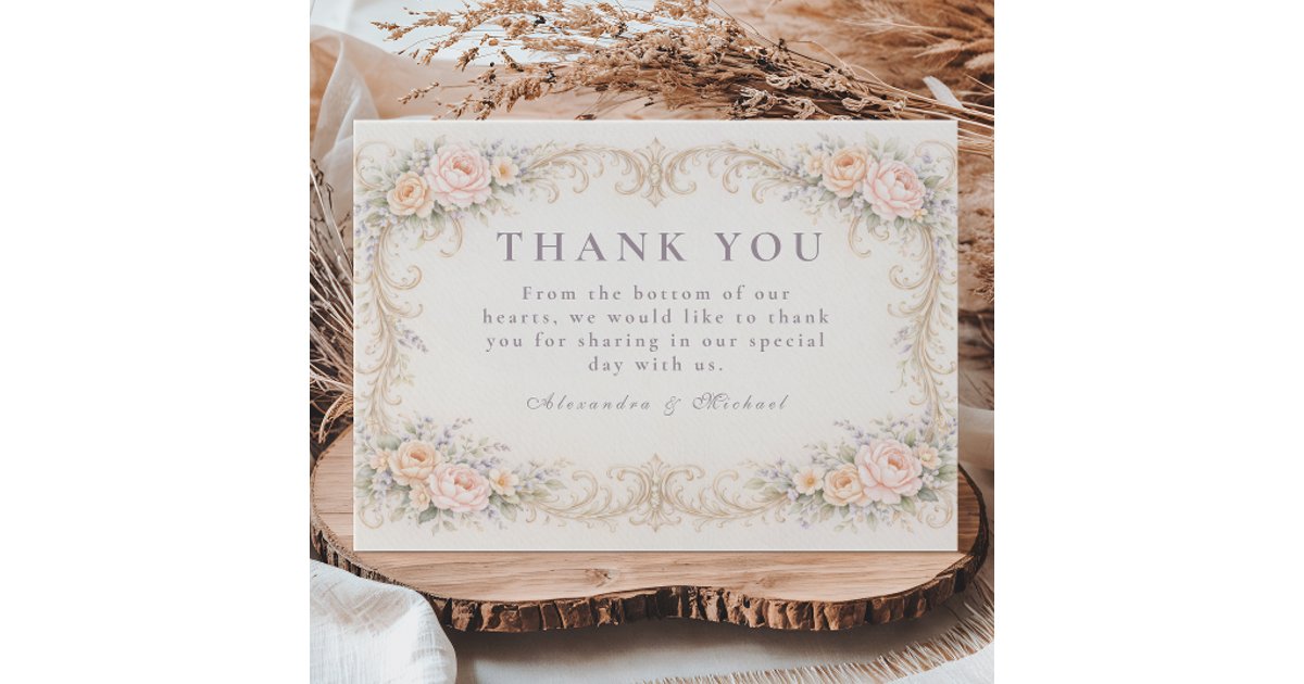 Blush Peach Baroque Rose Wedding Thank You Card | Zazzle