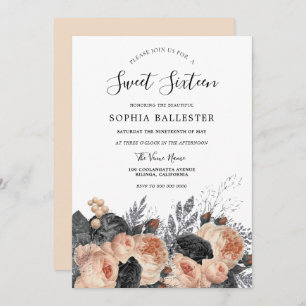 Blush Peach & Black Flowers Elegant Sweet 16 Invitation