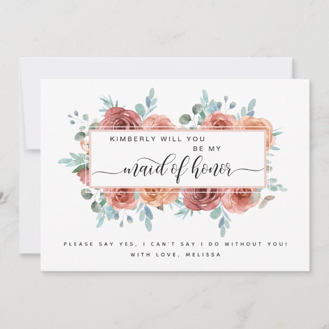 Blush, Peach, Blue Floral Be My Maid of Honor Card (Front)