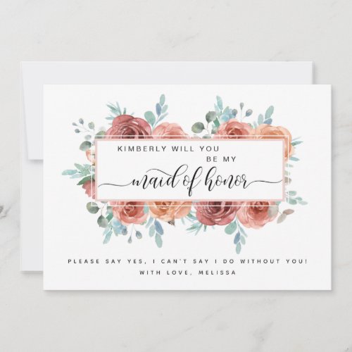 Blush Peach Blue Floral Be My Maid of Honor Card