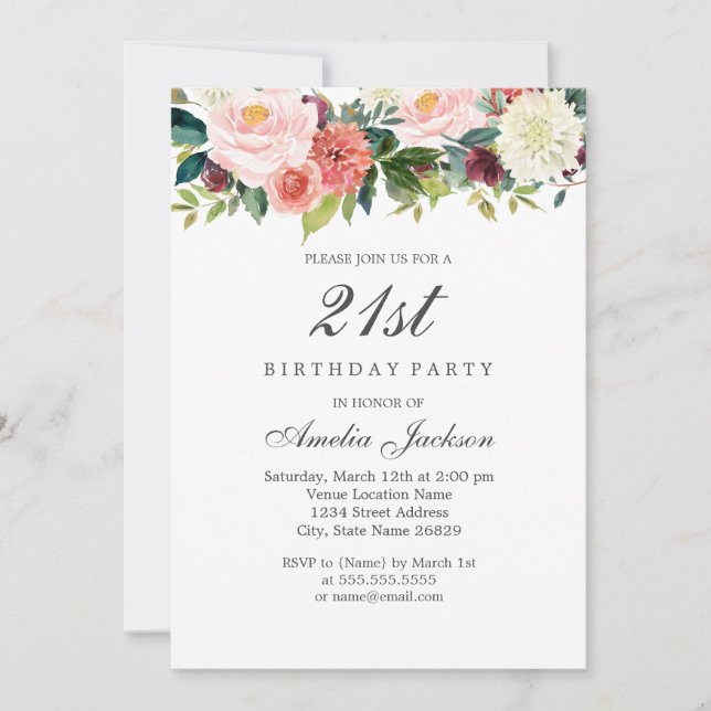 Blush Peach Botanical Floral 21st Birthday Invitation (Front)