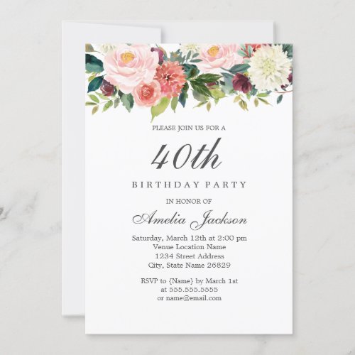 Blush Peach Botanical Floral 40th Birthday Invitation