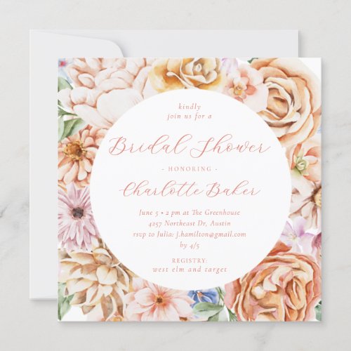 Blush Peach Bright Colorful Floral Bridal Shower Invitation
