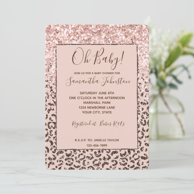 Blush Peach Brown Leopard Glitter Baby Shower Invitation (Standing Front)