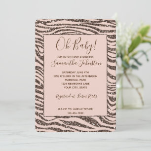 Blush Peach Brown Zebra Glitter Baby Shower Invitation