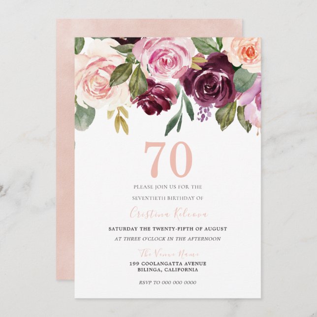 Blush Peach & Burgundy Flowers 70th Birthday Party Invitation (Front/Back)