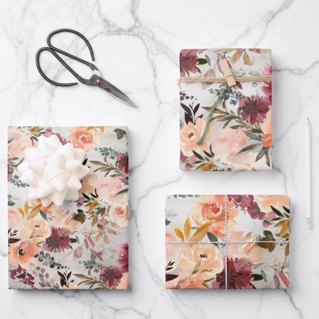 Blush Peach & Burgundy Wine Floral Garden Wrapping Wrapping Paper Sheets (Front)