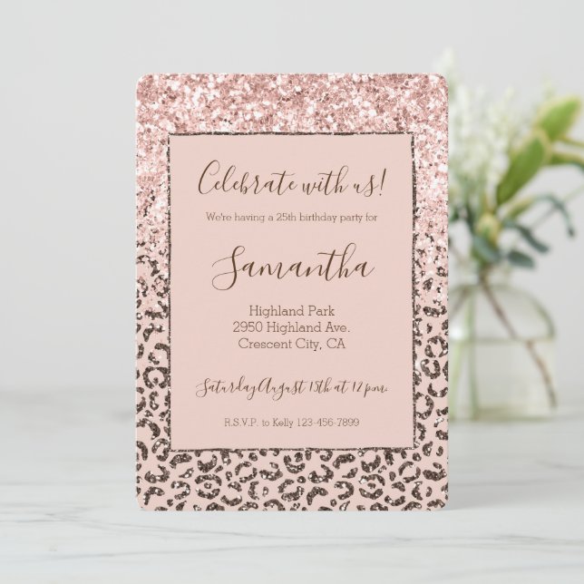 Blush Peach Chocolate Brown Leopard Glitter   Invitation (Standing Front)