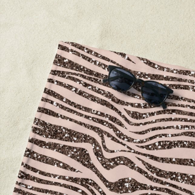Blush Peach Chocolate Brown Zebra Glitter   Beach Towel (In Situ)