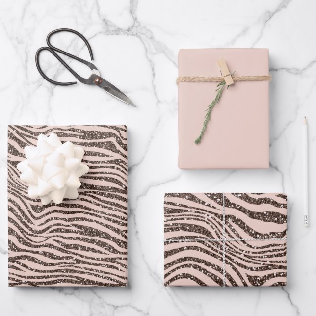 Blush Peach Chocolate Brown Zebra Glitter         Wrapping Paper Sheets (Front)