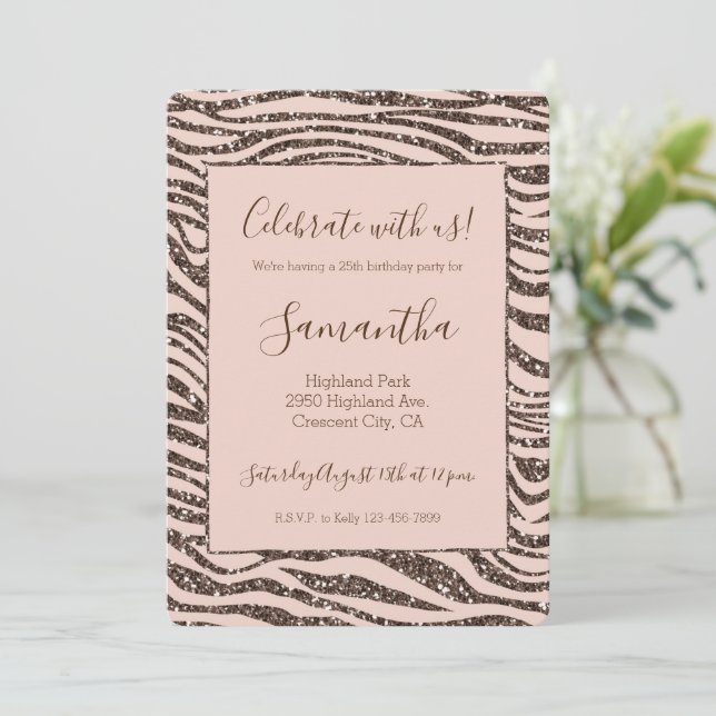 Blush Peach Chocolate Brown Zebra Print Glitter Invitation (Standing Front)