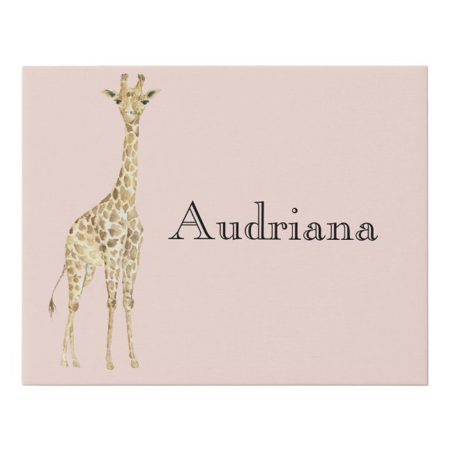 Blush Peach Cute Giraffes Name Faux Canvas Print (Front)