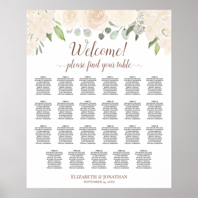 Blush Peach Floral 23 Table Wedding Seating Chart (Front)