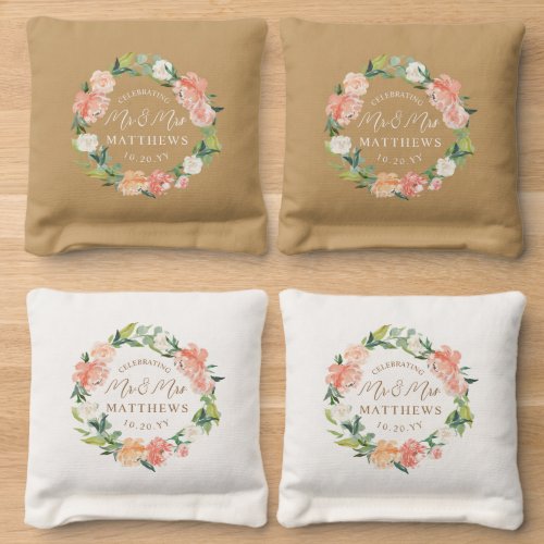 Blush Peach Floral and White Wedding Cornhole Bags