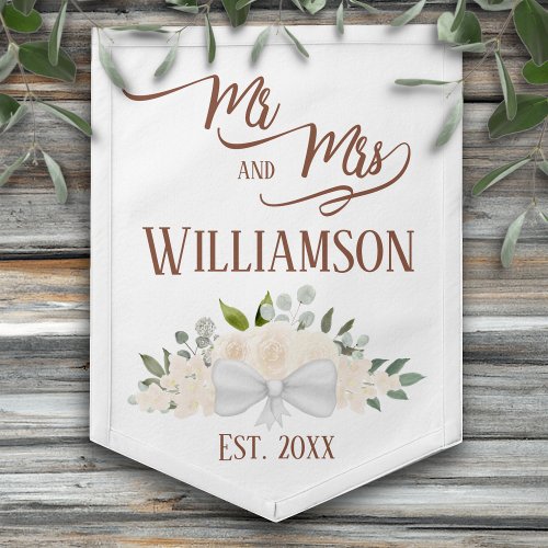 Blush Peach Floral Boho Chic Mr  Mrs Wedding Pennant