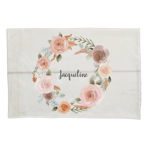 Blush Peach Floral BOHO Wreath Rustic Wood Girl Pillow Case