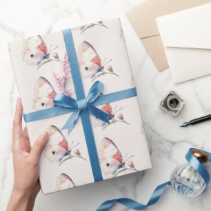 Blush Peach Floral Butterfly Birthday Wrapping Paper