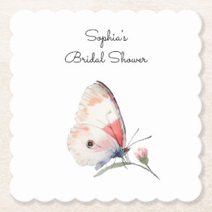 Blush Peach Floral Butterfly Bridal Shower Paper Coaster