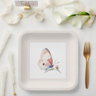Blush Peach Floral Butterfly Forever Wedding Paper Plates