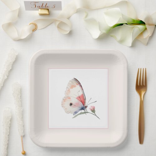 Blush Peach Floral Butterfly Forever Wedding Paper Plates