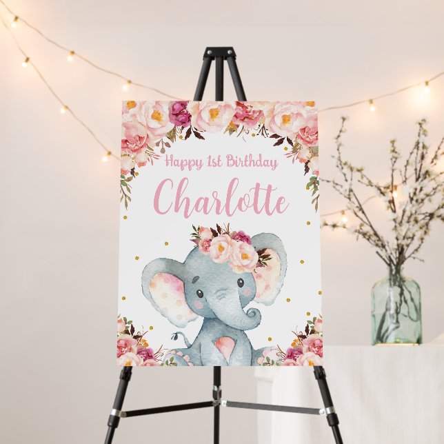 Blush Peach Floral Elephant 1st Birthday Welcome Foam Board (In Situ (Stand))