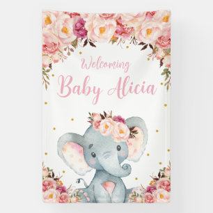 Blush Peach Floral Elephant Baby Shower Backdrop Banner
