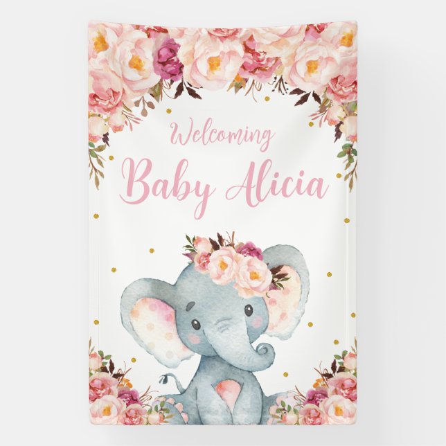 Blush Peach Floral Elephant Baby Shower Backdrop Banner (Vertical)
