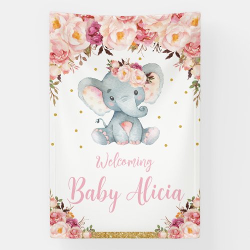Blush Peach Floral Elephant Baby Shower Welcome Banner