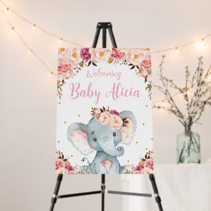Blush Peach Floral Elephant Baby Shower Welcome Foam Board