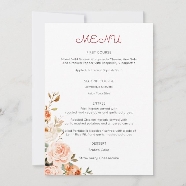 Blush & Peach Floral Entree Menu Invitation (Front)
