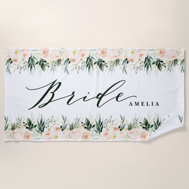 Blush peach floral + foliage personalized wedding beach towel (Front)