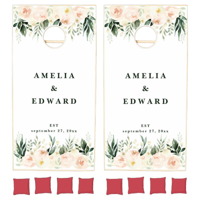 Blush, peach floral + foliage wedding  cornhole set (Set)