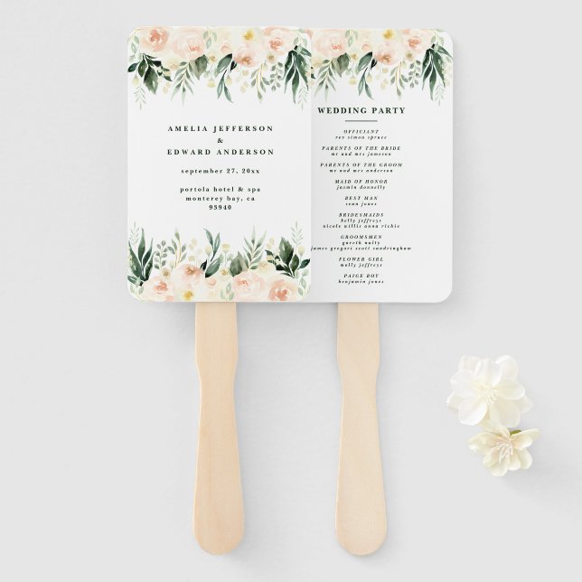 Blush, peach floral + foliage wedding hand fan (Front and Back)