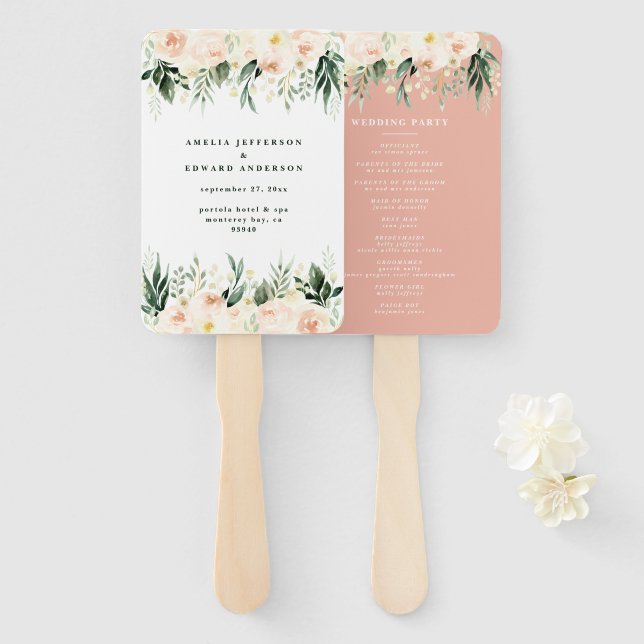 Blush, peach floral + foliage wedding hand fan (Front and Back)