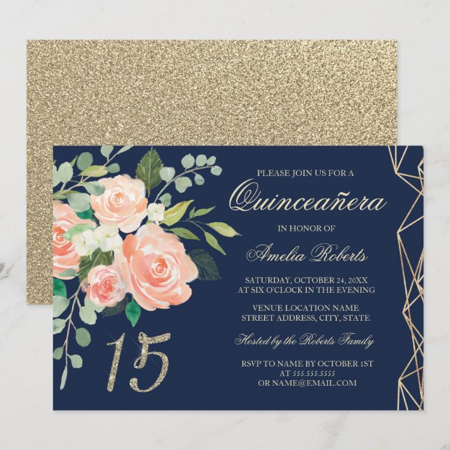 Blush Peach Floral Gold Glitter Navy Quinceanera Invitation (Front/Back)