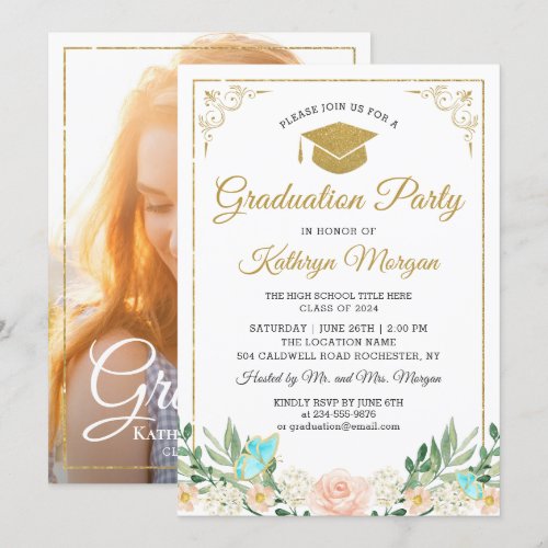 Blush Peach Floral Gold Glitter Photo Graduation Card