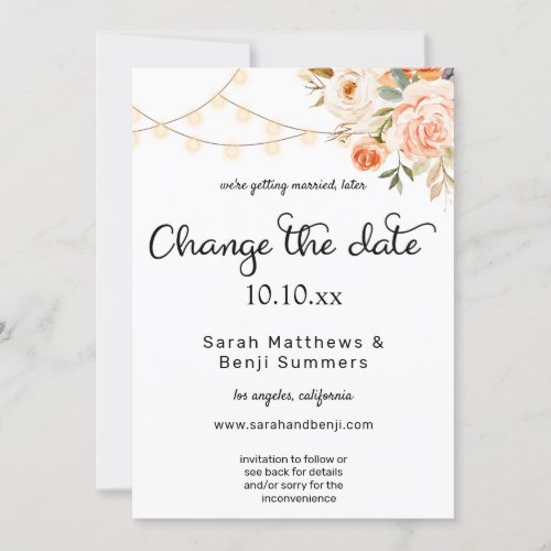 Blush  Peach Floral  Lights Change the Date Invitation