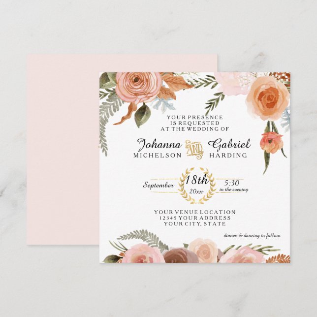 Blush Peach Floral Peony Watercolor Leaf Foliage Invitation (Front/Back)