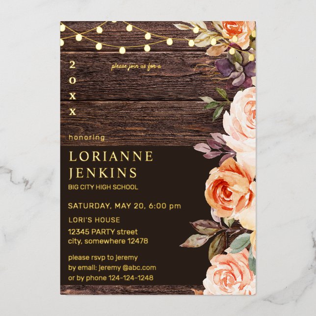 Blush & Peach Floral Rustic Graduation v2 Full Foil Invitation (Front)