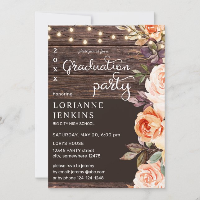 Blush & Peach Floral Rustic Graduation v2 Invitation (Front)